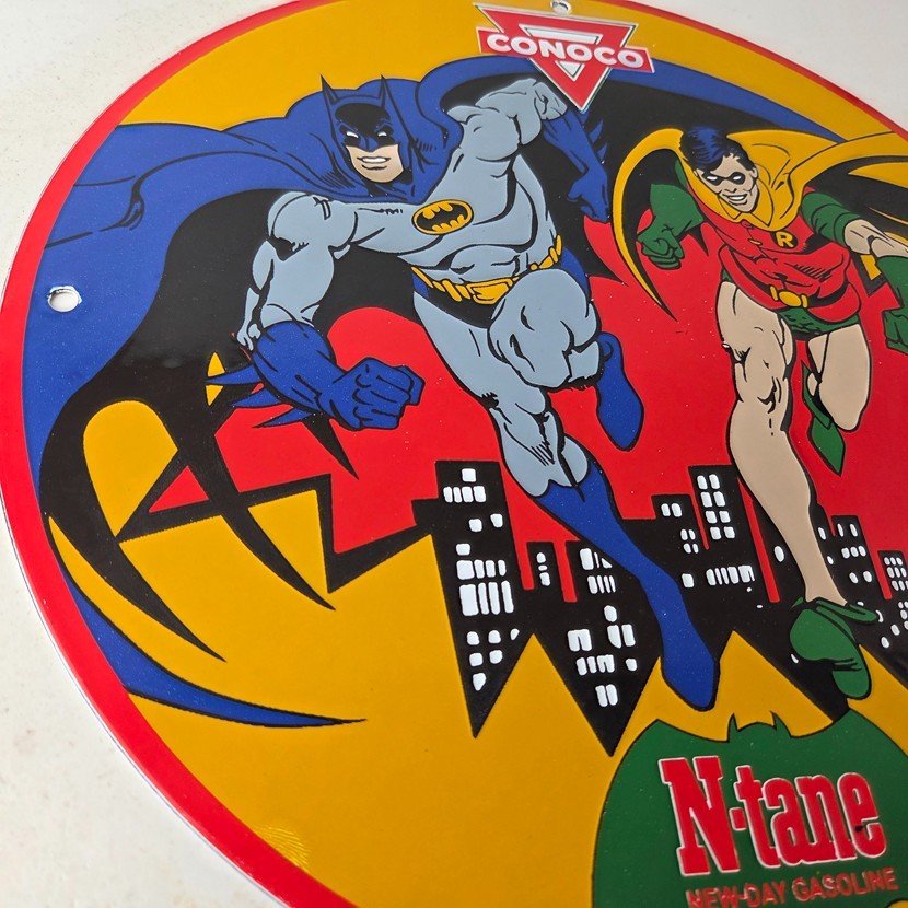 Vintage Conoco Gasoline Porcelain Sign - Batman Robin N-Tane Comic Gas Pump Sign - Image 6