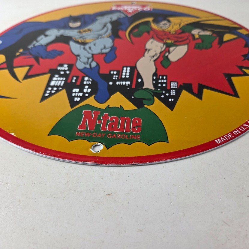 Vintage Conoco Gasoline Porcelain Sign - Batman Robin N-Tane Comic Gas Pump Sign - Image 10