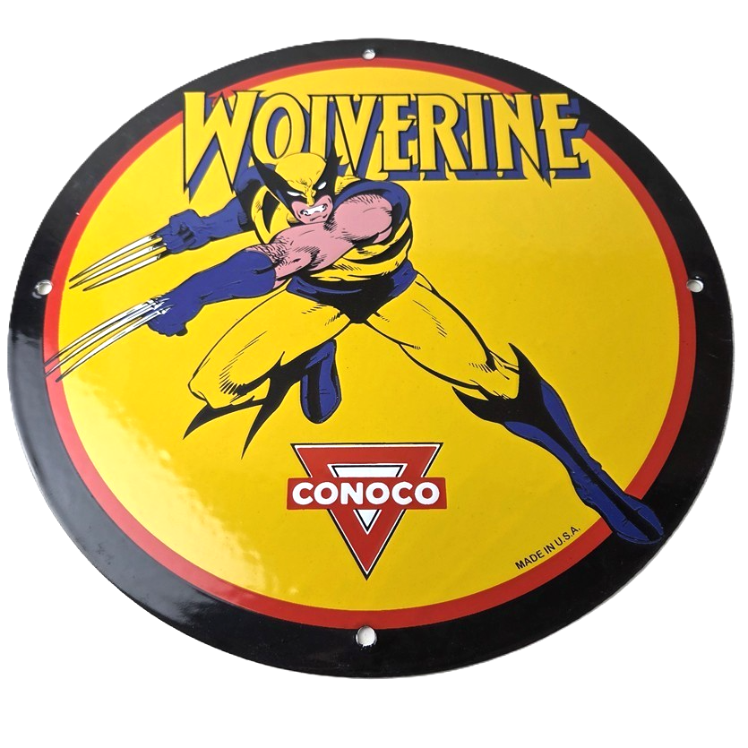 Vintage Conoco Gasoline Porcelain Sign - Wolverine X-Men Comics Gas Pump Sign