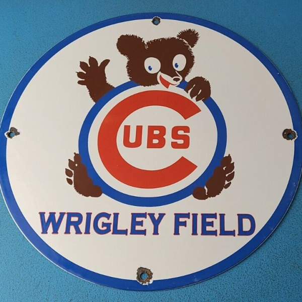 Vintage Cubs Wrigley Field Sign MLB Baseball Stadium Porcelain Gas Pump Sign 305378681206
