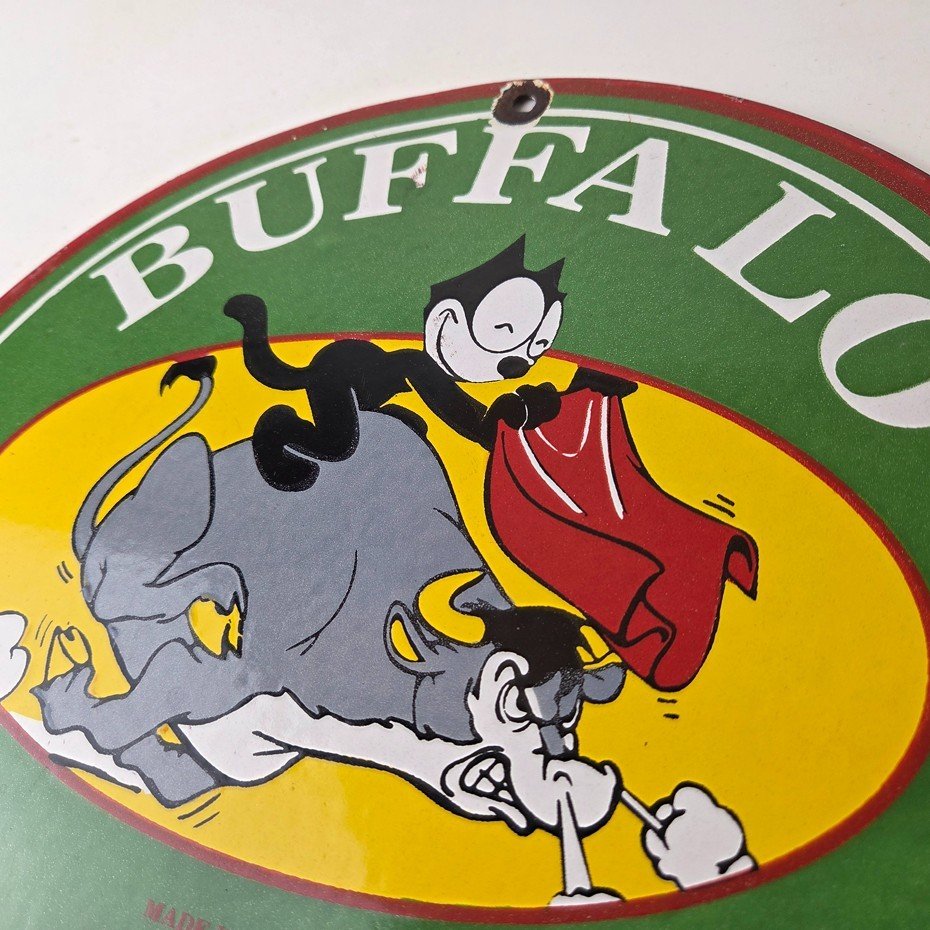 Vintage Felix Buffalo Gasoline Sign - Gas Motor Oil Pump Porcelain Sign - Image 13