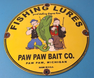 Vintage Fishing Lures Sign Paw Paw Bait Co Popeye Gas Pump Porcelain Sign 305885379746