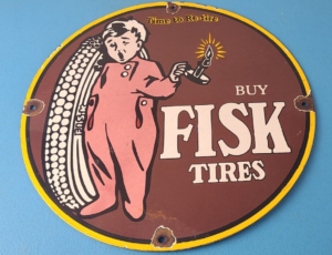 Vintage Fisk Tires Sign Automobile Car Sales Service Gas Pump Porcelain Sign 305884976276