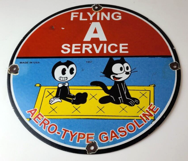 Vintage Flying A Gasoline Sign Felix the Cat Sign Porcelain Gas Pump Sign 305788428146