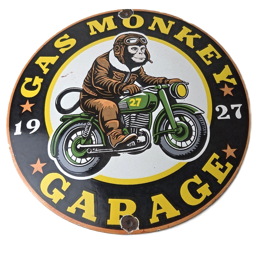 Vintage Gas Monkey Garage Porcelain Sign - Motorcycle Gas Pump Station Sign