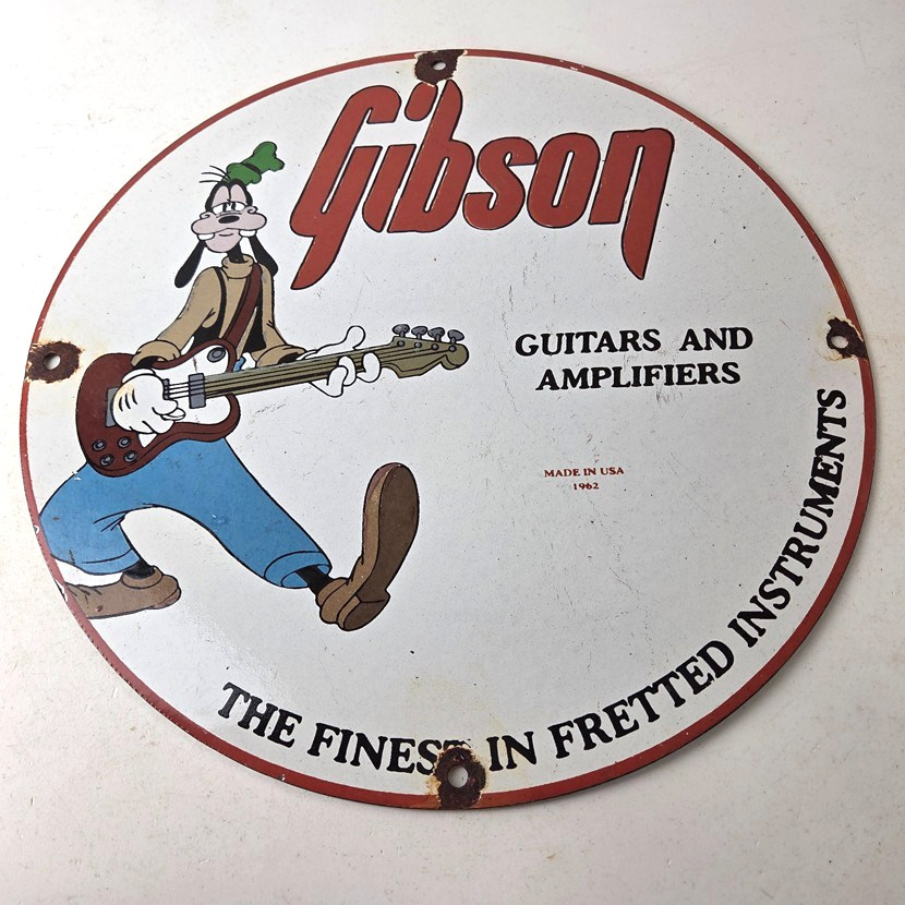 Vintage Gibson Guitars - Acoustic Electric Bass Porcelain Gas Station Goofy Sign - Image 15