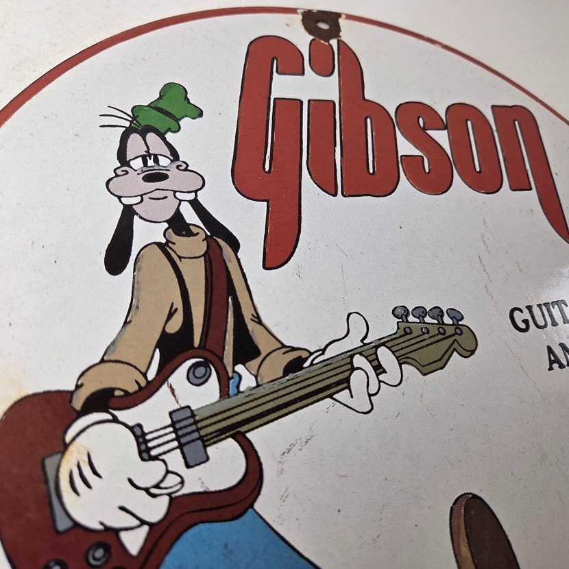 Vintage Gibson Guitars - Acoustic Electric Bass Porcelain Gas Station Goofy Sign - Image 5