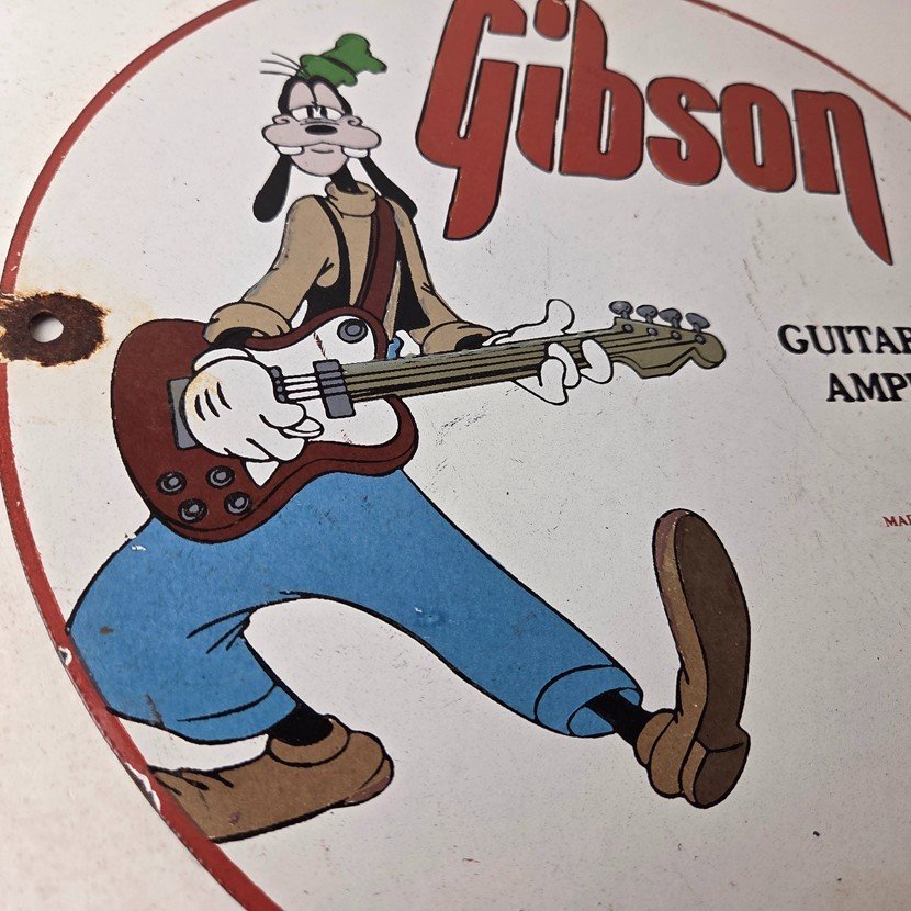 Vintage Gibson Guitars - Acoustic Electric Bass Porcelain Gas Station Goofy Sign - Image 6