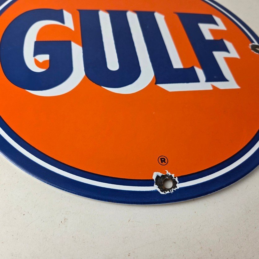 Vintage Gulf Gasoline Porcelain Sign - Orange Blue Logo Gas Station Sign - Image 11