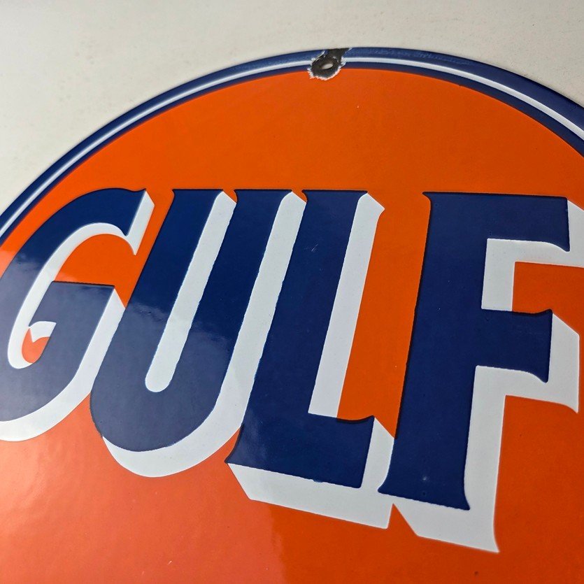 Vintage Gulf Gasoline Porcelain Sign - Orange Blue Logo Gas Station Sign - Image 12