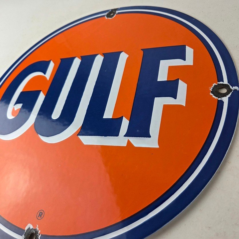 Vintage Gulf Gasoline Porcelain Sign - Orange Blue Logo Gas Station Sign - Image 13