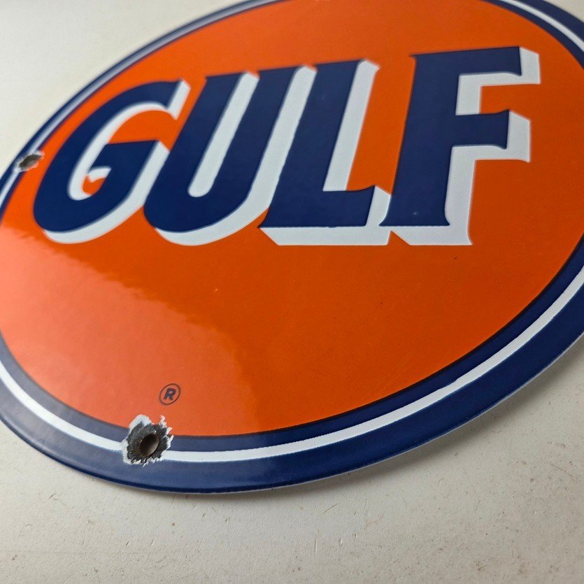 Vintage Gulf Gasoline Porcelain Sign - Orange Blue Logo Gas Station Sign - Image 14