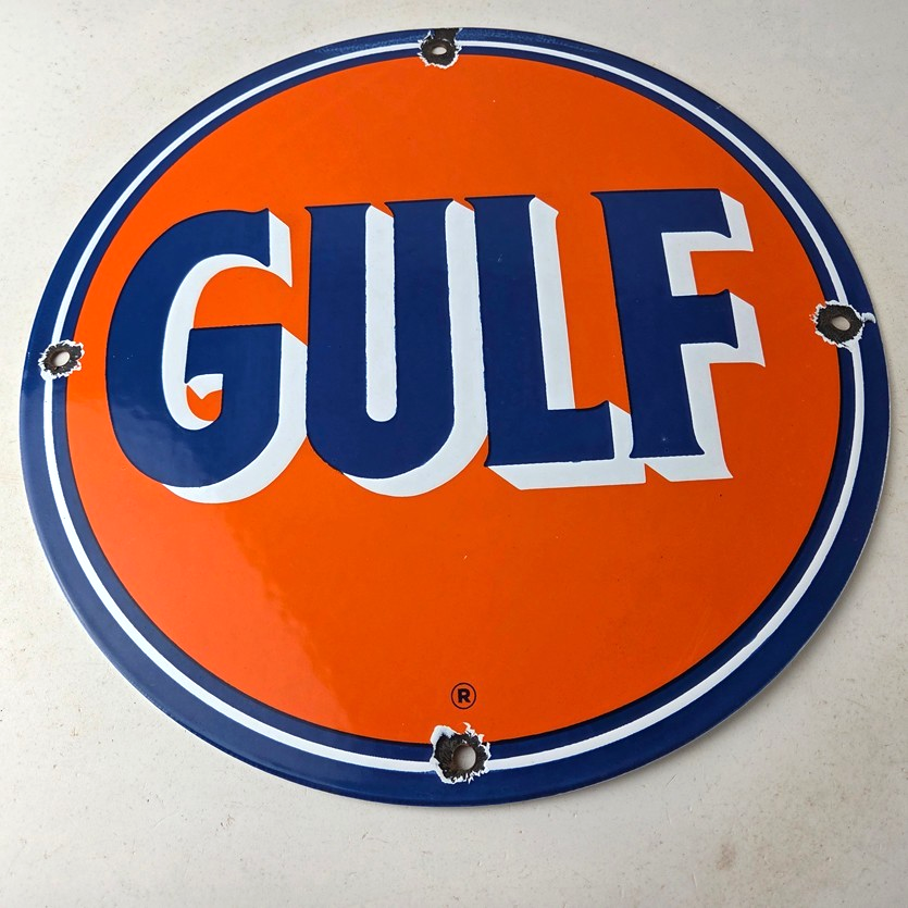 Vintage Gulf Gasoline Porcelain Sign - Orange Blue Logo Gas Station Sign - Image 15