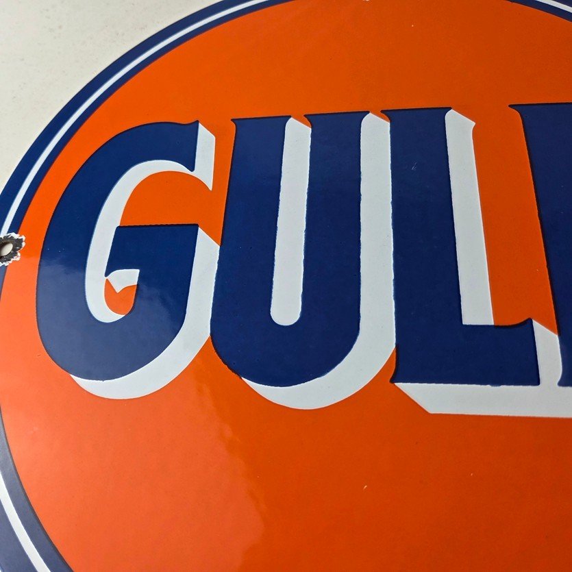 Vintage Gulf Gasoline Porcelain Sign - Orange Blue Logo Gas Station Sign - Image 3