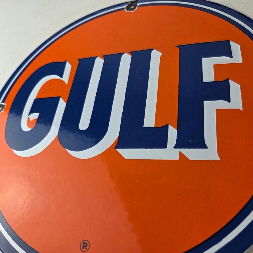 Vintage Gulf Gasoline Porcelain Sign - Orange Blue Logo Gas Station Sign - Image 4