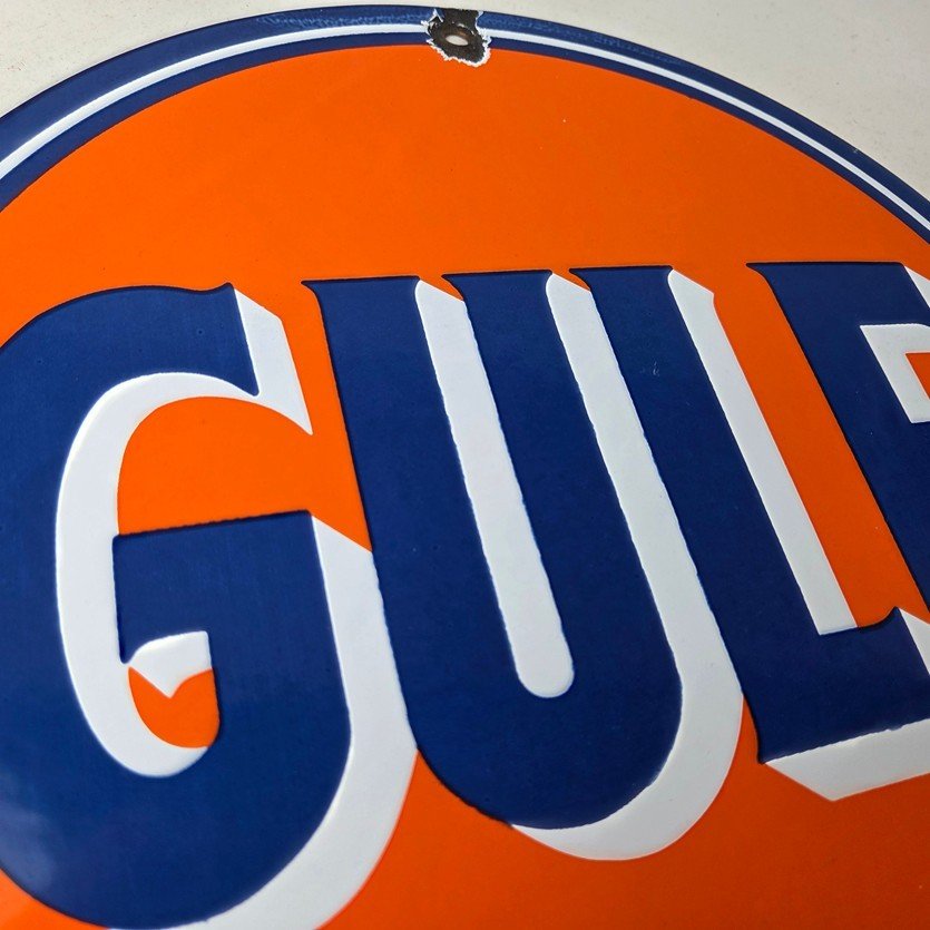 Vintage Gulf Gasoline Porcelain Sign - Orange Blue Logo Gas Station Sign - Image 5