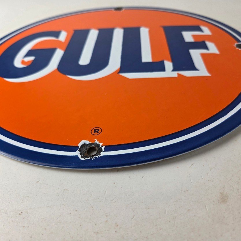 Vintage Gulf Gasoline Porcelain Sign - Orange Blue Logo Gas Station Sign - Image 10
