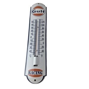Vintage Gulf Racing Sign - Gas Service Pump Ad Sign on Porcelain Thermometer