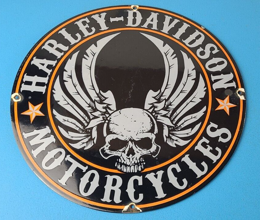 Vintage Harley Davidson Motorcycle Sign Skull Wings Gas Pump Porcelain Sign 305897701096