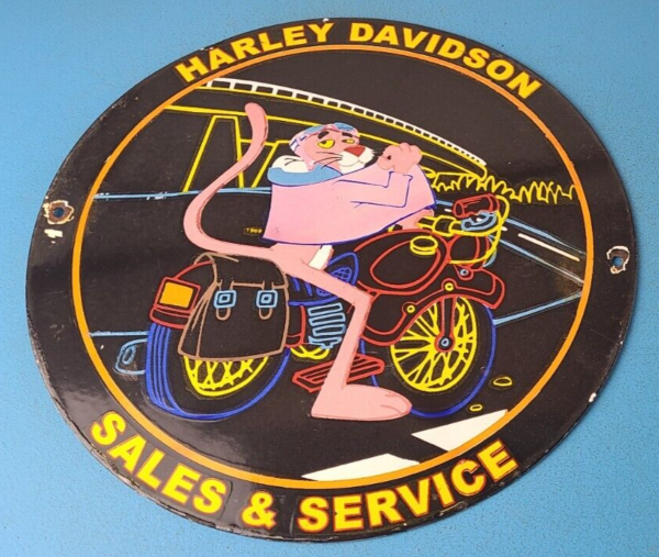 Vintage Harley Davidson Motorcycles Sign - Neon Pink Panther Porcelain Gas Sign