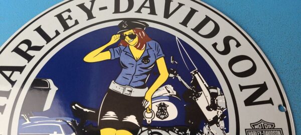 Vintage Harley Davidson Motorcycles Sign Police Biker Gas Girl Porcelain Sign