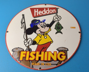 Vintage Heddon Fishing Tackle Sign Mickey Mouse Gas Pump Porcelain Sign 305860574026