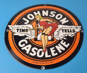 Vintage Johnson Gasoline Sign Time Tells Gas Oil Pump Plate Porcelain Sign 305885418526