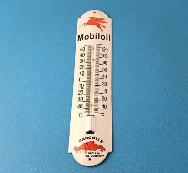 Vintage Mobil Gas Sign Service Station Pump Ad Sign on Porcelain Thermometer 305650465966