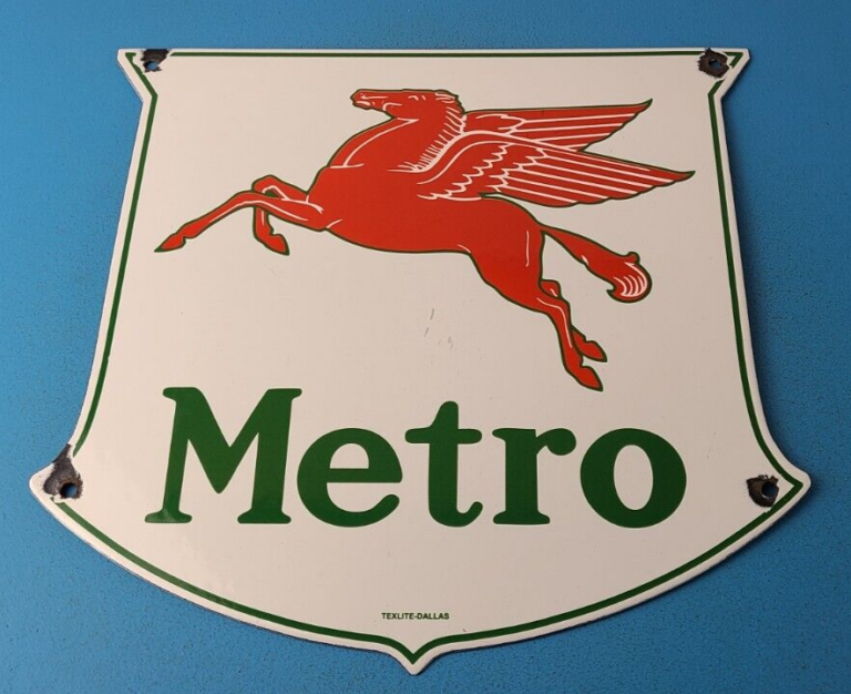 Vintage Mobil Special Sign Porcelain Metro Gasoline Pegasus Gas Pump Sign 306072981216