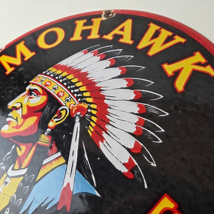 Vintage Mohawk Gasoline Sign - Gas Porcelain Service Native American Indian Sign - Image 12