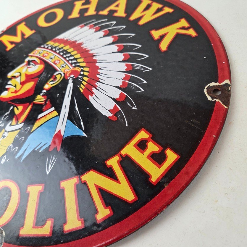 Vintage Mohawk Gasoline Sign - Gas Porcelain Service Native American Indian Sign - Image 13