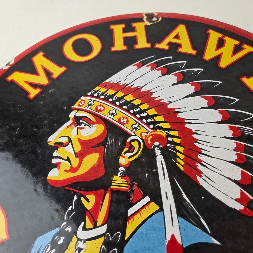 Vintage Mohawk Gasoline Sign - Gas Porcelain Service Native American Indian Sign - Image 3