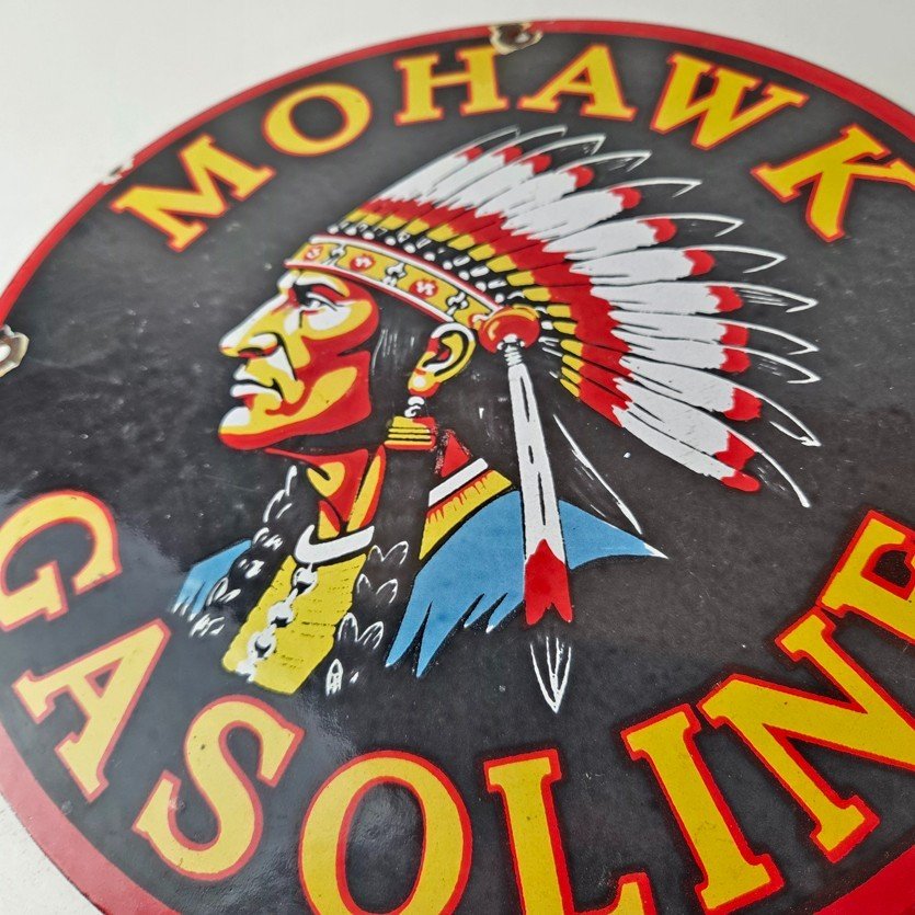 Vintage Mohawk Gasoline Sign - Gas Porcelain Service Native American Indian Sign - Image 4