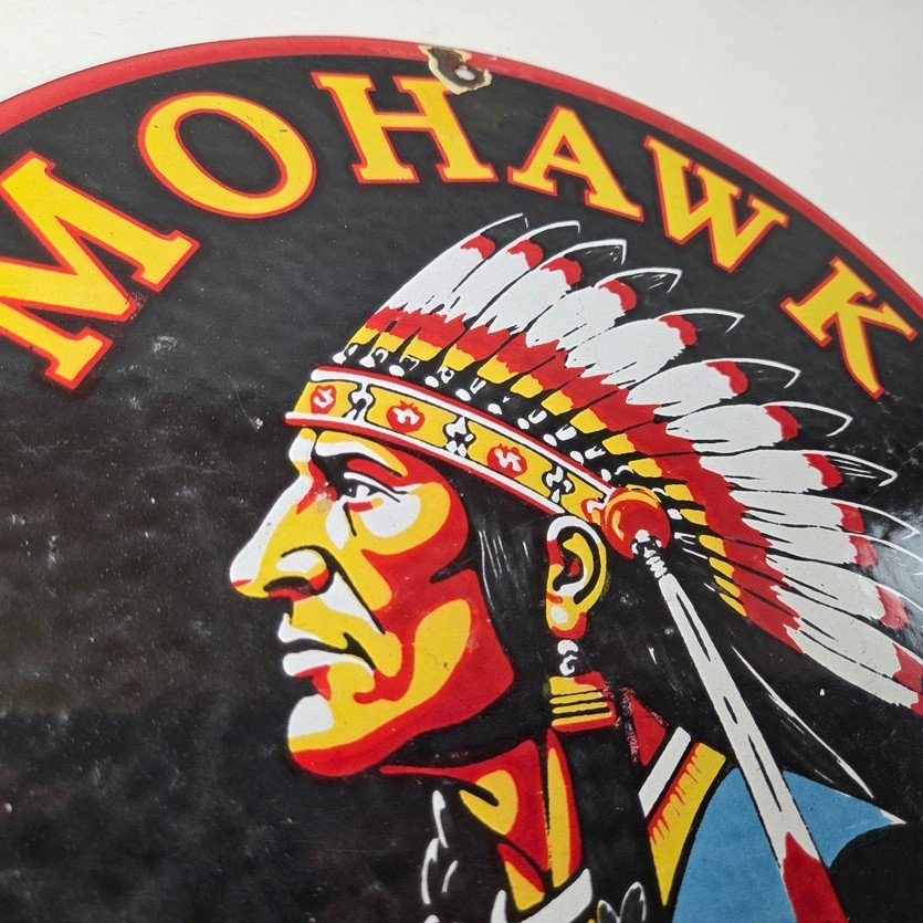 Vintage Mohawk Gasoline Sign - Gas Porcelain Service Native American Indian Sign - Image 5