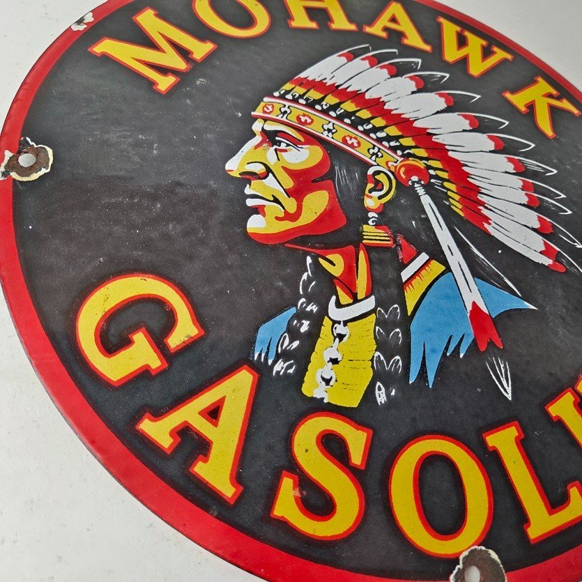 Vintage Mohawk Gasoline Sign - Gas Porcelain Service Native American Indian Sign - Image 6