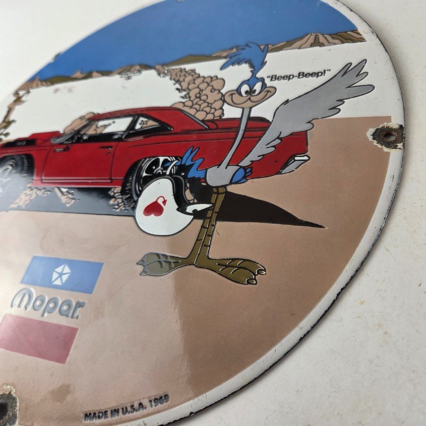 Vintage Mopar Plymouth Porcelain Sign - Road Runner Auto Shop Gas Station Sign - Image 11