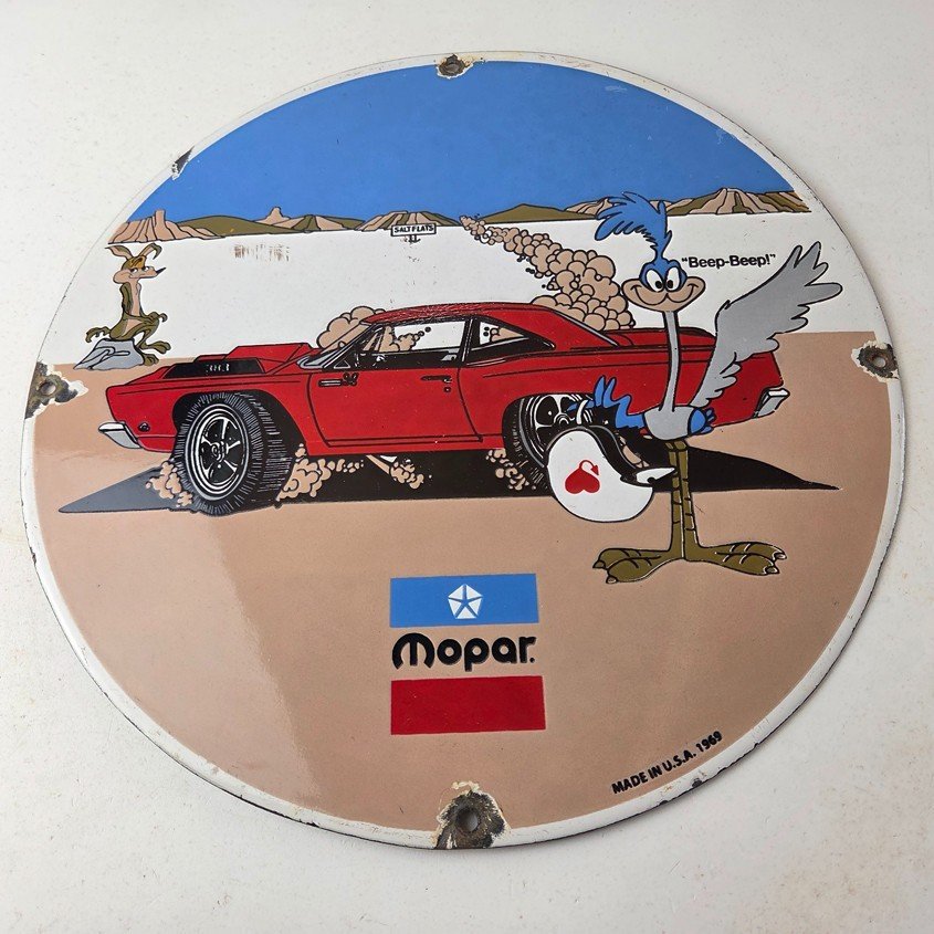 Vintage Mopar Plymouth Porcelain Sign - Road Runner Auto Shop Gas Station Sign - Image 13