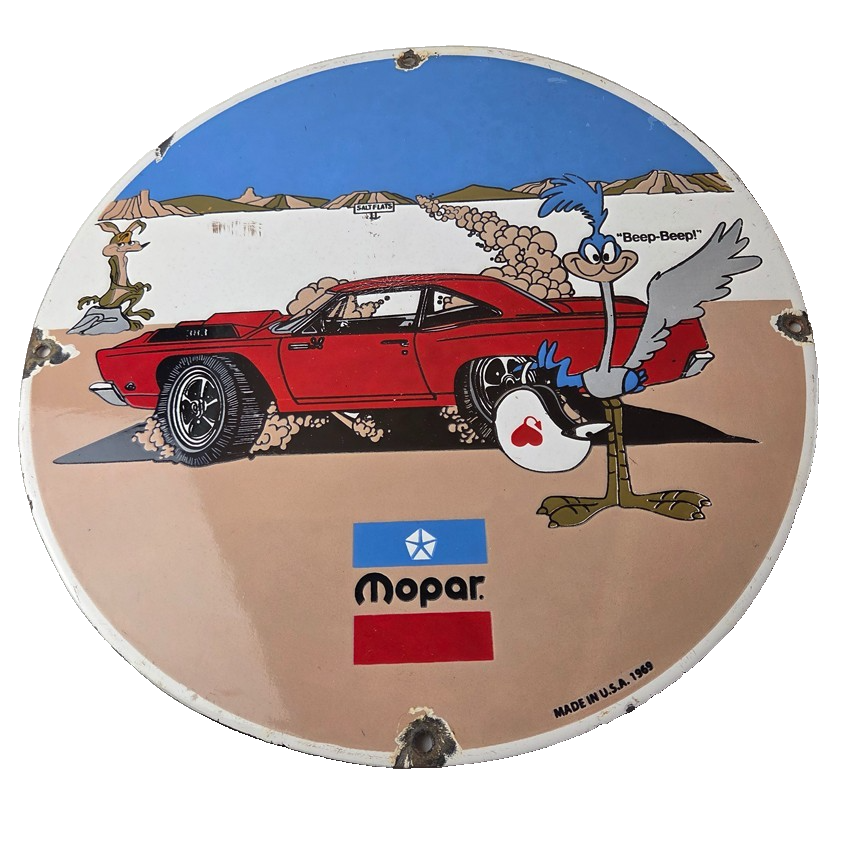 Vintage Mopar Plymouth Porcelain Sign - Road Runner Auto Shop Gas Station Sign