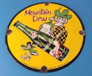 Vintage Mountain Dew Porcelain Gas Pump Plate Soda Bottles Pepsi Sign 305887892816