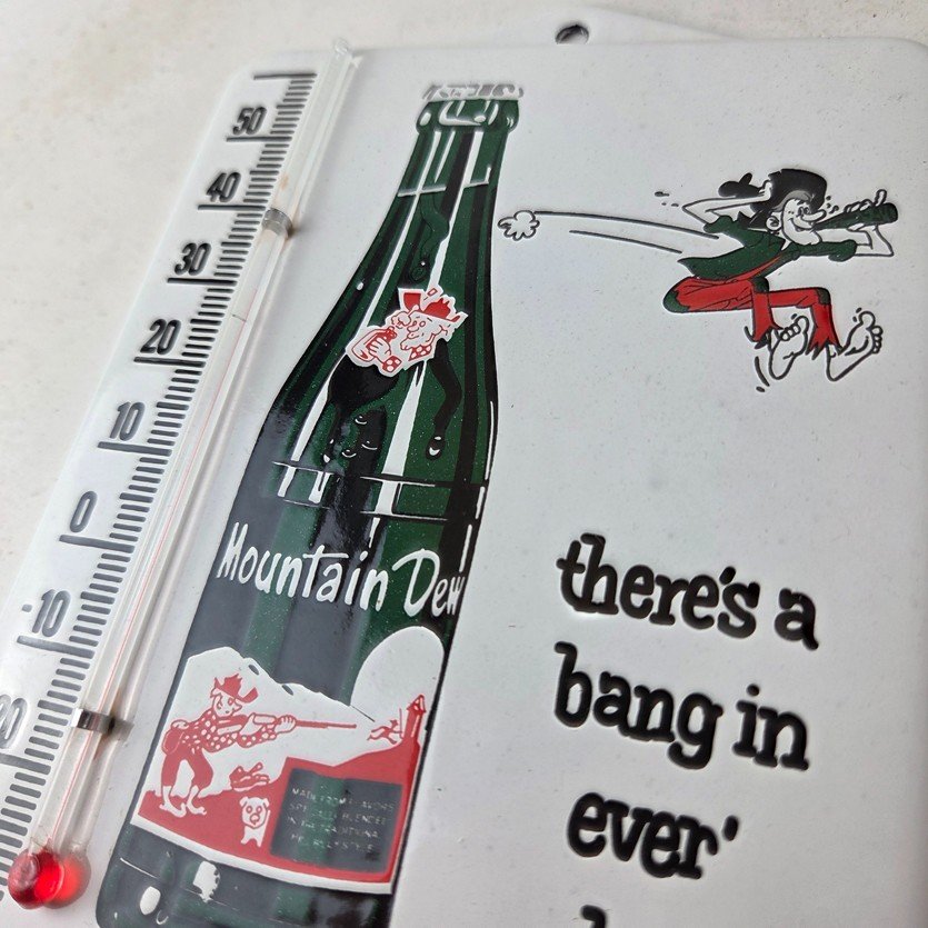 Vintage Mountain Dew Porcelain Sign - Soda Gas Pump Ad Thermometer Sign - Image 12