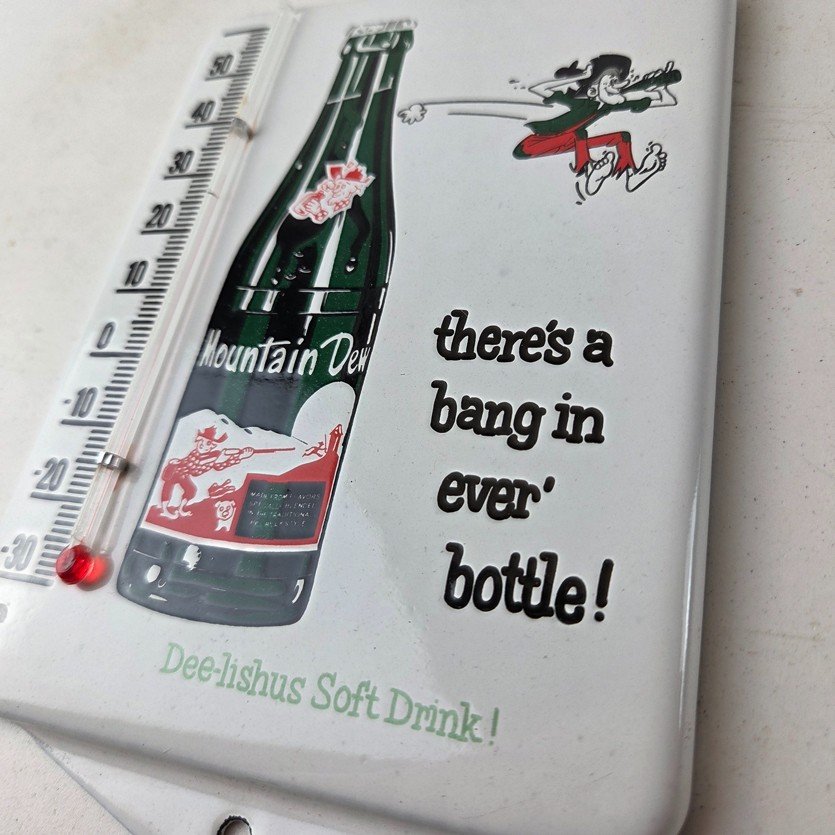 Vintage Mountain Dew Porcelain Sign - Soda Gas Pump Ad Thermometer Sign - Image 13