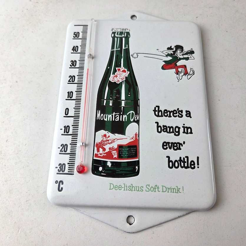 Vintage Mountain Dew Porcelain Sign - Soda Gas Pump Ad Thermometer Sign - Image 16