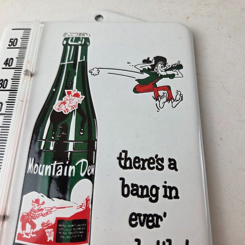 Vintage Mountain Dew Porcelain Sign - Soda Gas Pump Ad Thermometer Sign - Image 3