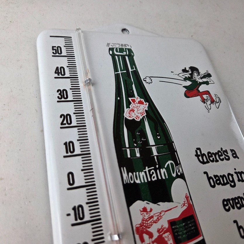 Vintage Mountain Dew Porcelain Sign - Soda Gas Pump Ad Thermometer Sign - Image 5