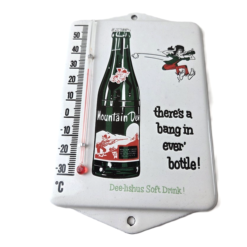 Vintage Mountain Dew Porcelain Sign - Soda Gas Pump Ad Thermometer Sign