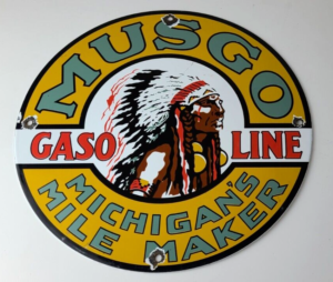 Vintage Musgo Gasoline Sign Gas Motor Oil Pump American Indian Porcelain Sign 305905398576