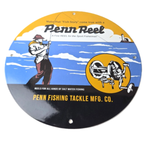 Vintage Penn Reel Salt Water Porcelain Sign - Fishing Tackle Fisherman Sign