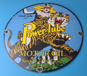 Vintage Power Lube Gasoline Sign Tiger Motor Oil Gas Porcelain Pump Plate Sign 305874292986