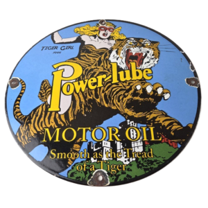 Vintage Power Lube Gasoline Sign - Tiger Motor Oil Gas Porcelain Pump Plate Sign