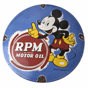 Vintage RPM Motor Oil Sign - Mickey Mouse Gasoline Service Gas Porcelain Sign